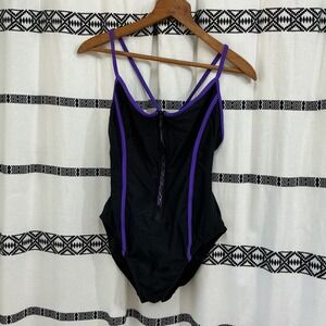 Y2K Vintage Speedo One Piece Swimsuit Women's M Black Purple Zip Front 90s 2000s